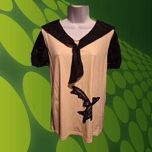 Anna Sui Black and Cream Cap Sleeve Tie Front Tee